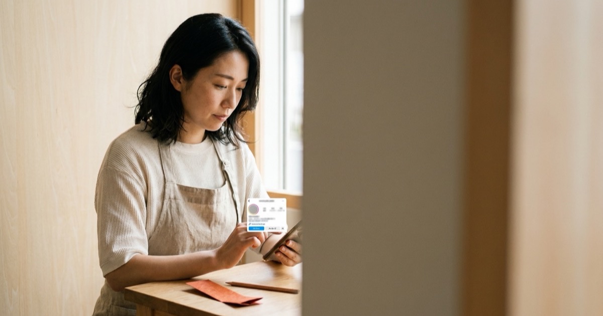 プロフィールリンクを表示したスマートフォンとしおりを並べたイメージ