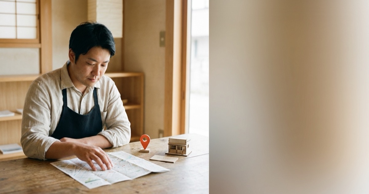 和紙とクレイで表現した、地図上に立つ位置ピンと小さな店舗の情景