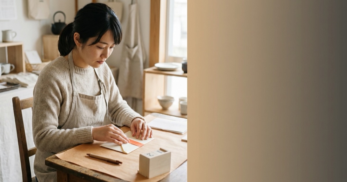 和紙とクレイで表現した、封筒とカレンダーが並ぶ穏やかな机の情景