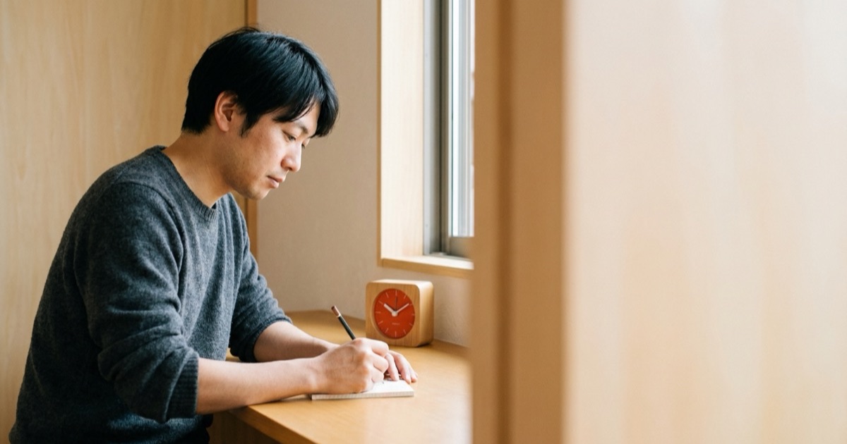 やわらかな粘土質感の和紙ノートと丸みのある鉛筆、木製の卓上時計を並べた静物イメージ